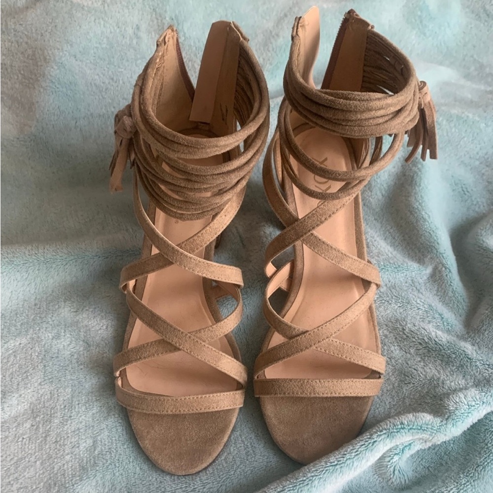 Tan Strappy Sandals with Tassel Details